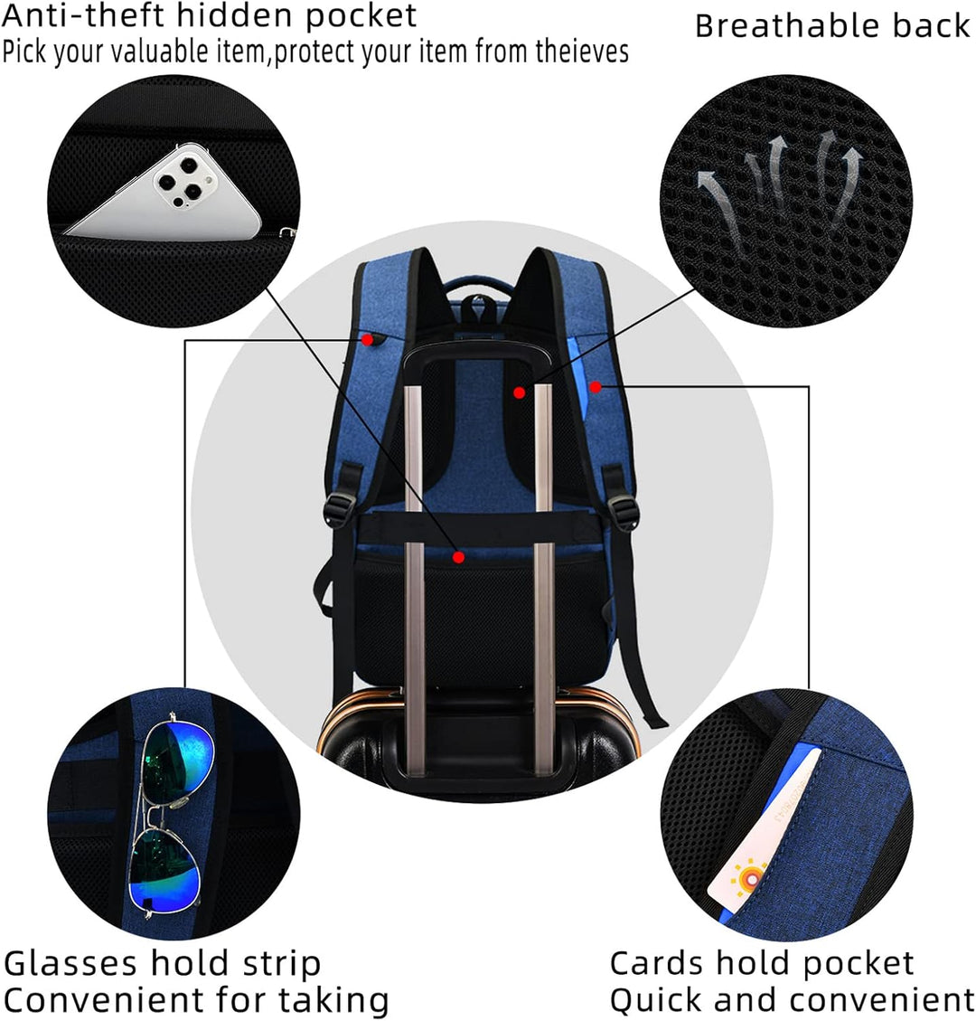 Back view of ergonomic anti-theft laptop backpack, comfortable for long trips.