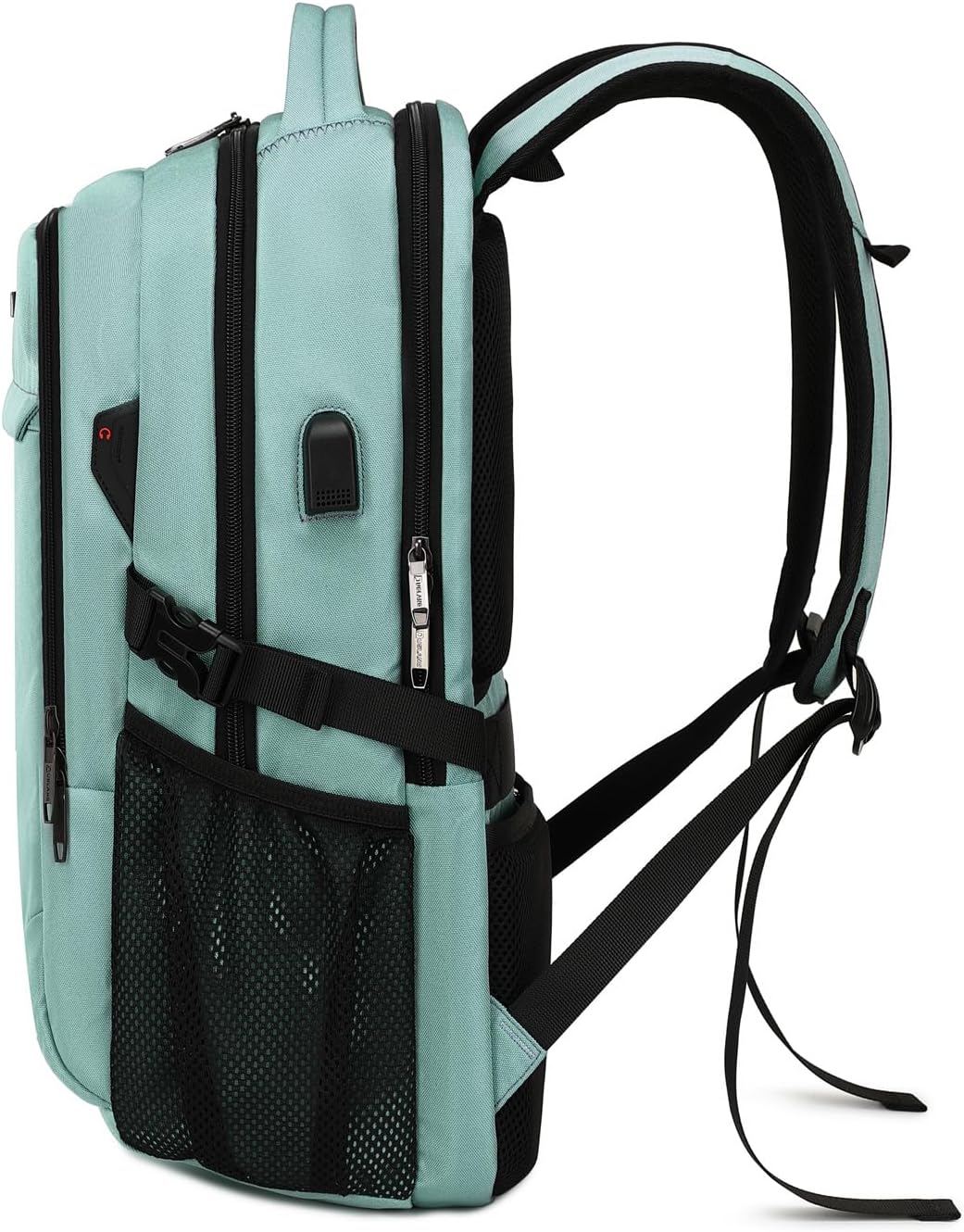 Detail of USB charging port on a water-resistant laptop backpack, convenient for tech.