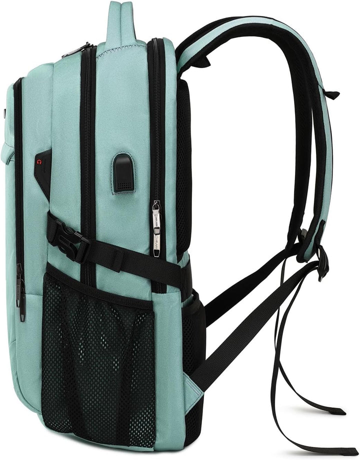 Detail of USB charging port on a water-resistant laptop backpack, convenient for tech.