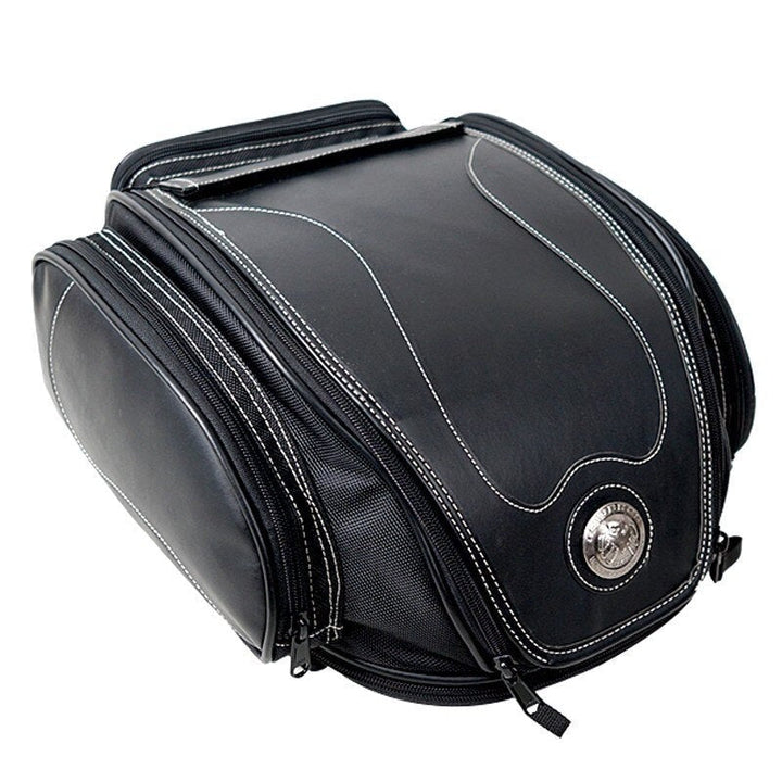 Unisex water-resistant motorcycle tail bag with expandable storage, black, for riding gear and luggage.