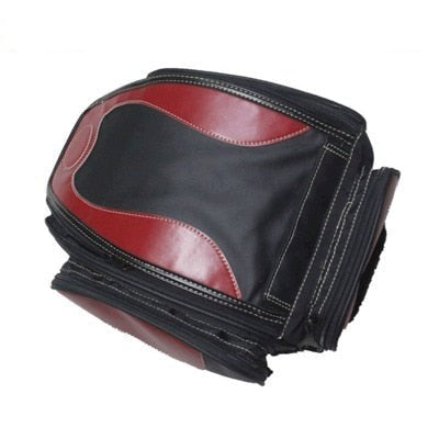 Black expandable motorcycle tail bag mounted securely on a sport bike, perfect for commuter storage and travel.