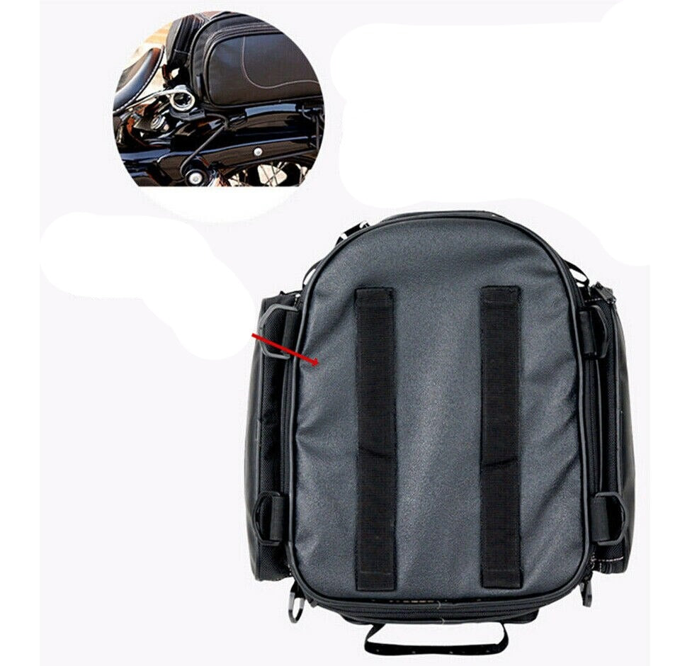 Spacious unisex motorcycle tail bag unzipped, revealing ample storage for riding essentials and travel accessories.