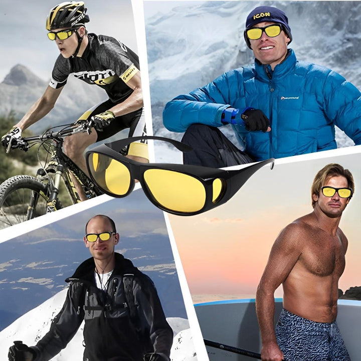 Anti-glare unisex yellow tint driving glasses for improved night vision & reduced glare during night driving.
