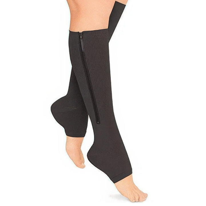 Unisex zipper compression socks, firm 20-30 mmHg support for improved leg circulation & comfort.