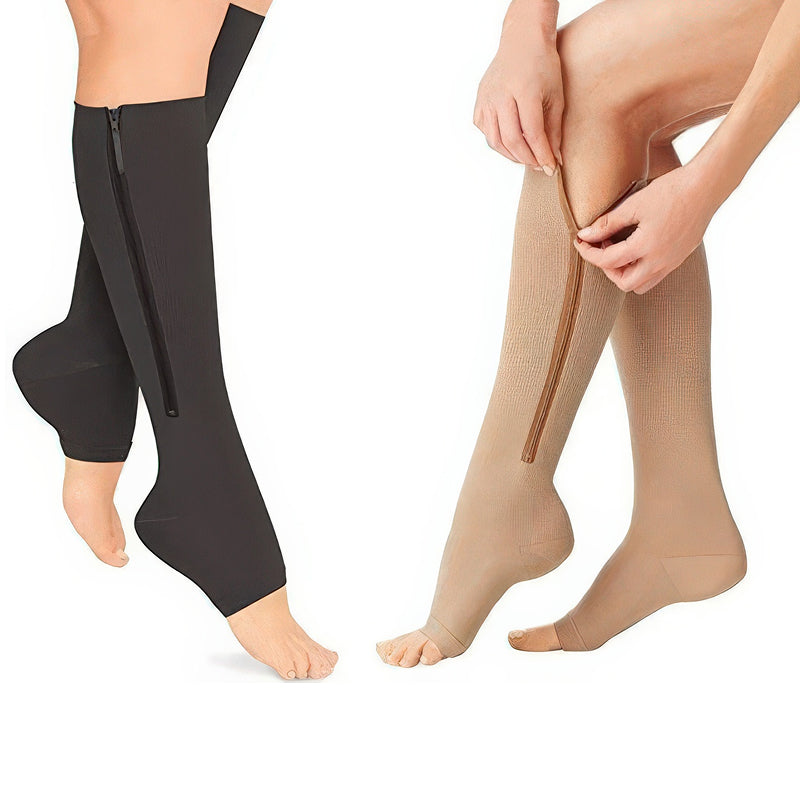 Textured fabric of unisex zipper compression socks, designed for firm 20-30 mmHg leg support and circulation.