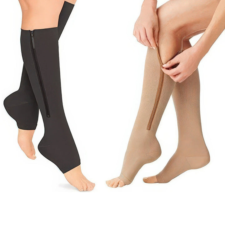 Textured fabric of unisex zipper compression socks, designed for firm 20-30 mmHg leg support and circulation.