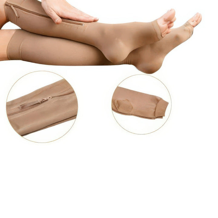 Unisex zipper compression socks for travel & active recovery, featuring firm 20-30 mmHg leg support.