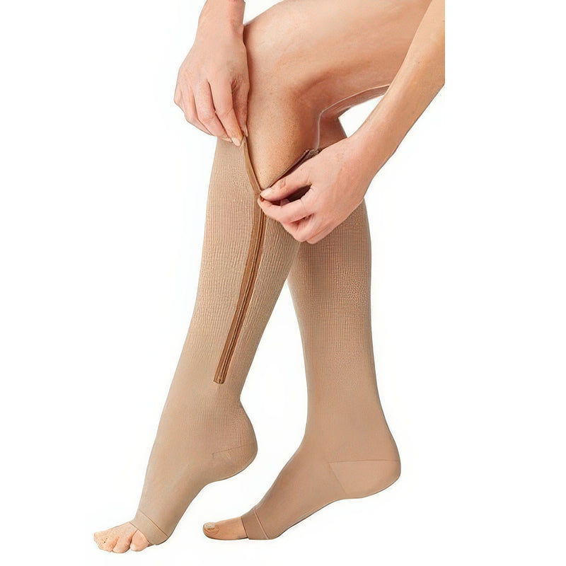 Pair of unisex zipper compression socks, 20-30 mmHg firm support, ideal for maternity and foot health.