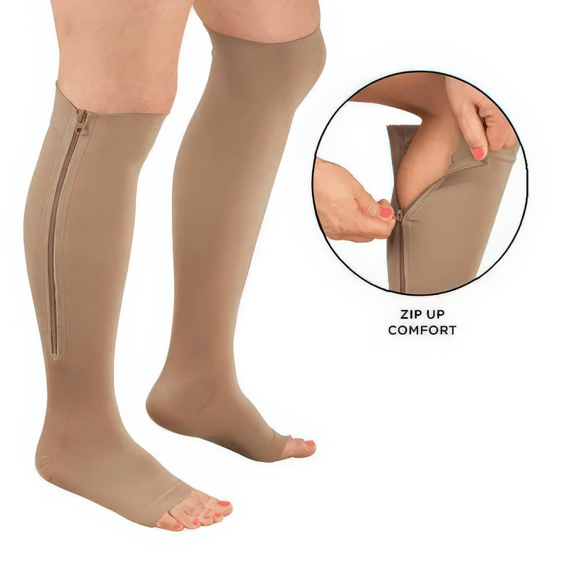 Full view of unisex zipper compression socks, firm 20-30 mmHg, promoting leg health and reducing fatigue.