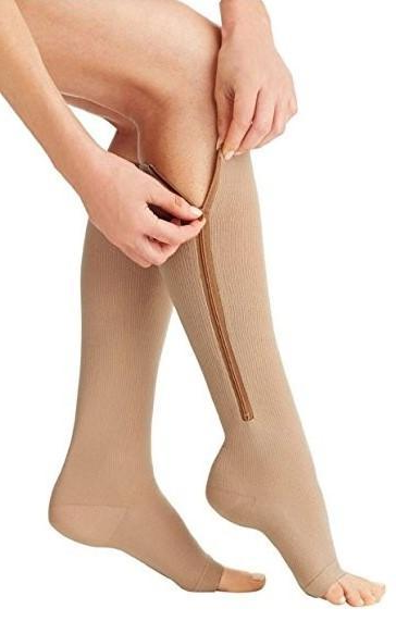 "Unisex zippered compression socks 20-30 mmHg, black, open-toe design, graduated pressure for leg fatigue relief."