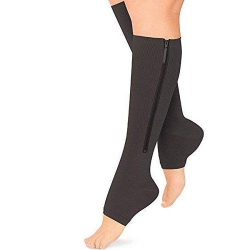 "Unisex zippered compression socks 20-30 mmHg, black, open-toe design, graduated pressure for leg fatigue relief."