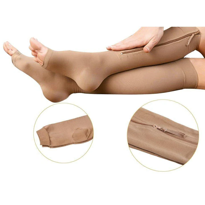 "Unisex zippered compression socks 20-30 mmHg, black, open-toe design, graduated pressure for leg fatigue relief."