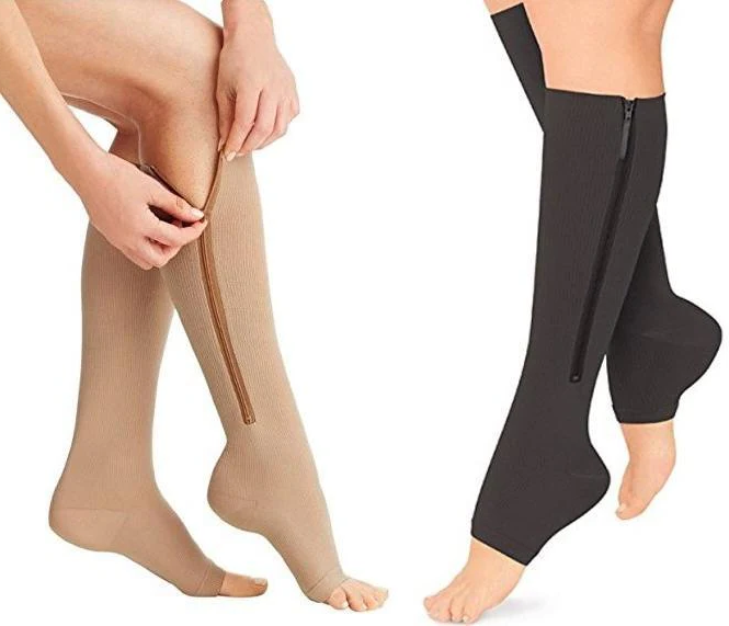 "Unisex zippered compression socks 20-30 mmHg, black, open-toe design, graduated pressure for leg fatigue relief."
