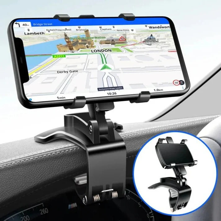 Universal 360° adjustable car phone holder mount for dashboard, fits all smartphones, hands-free driving.