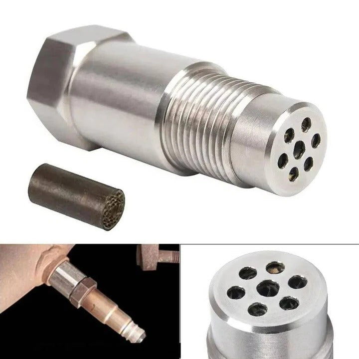 Universal automotive O2 sensor adapter with mini catalytic converter for exhaust system repair.