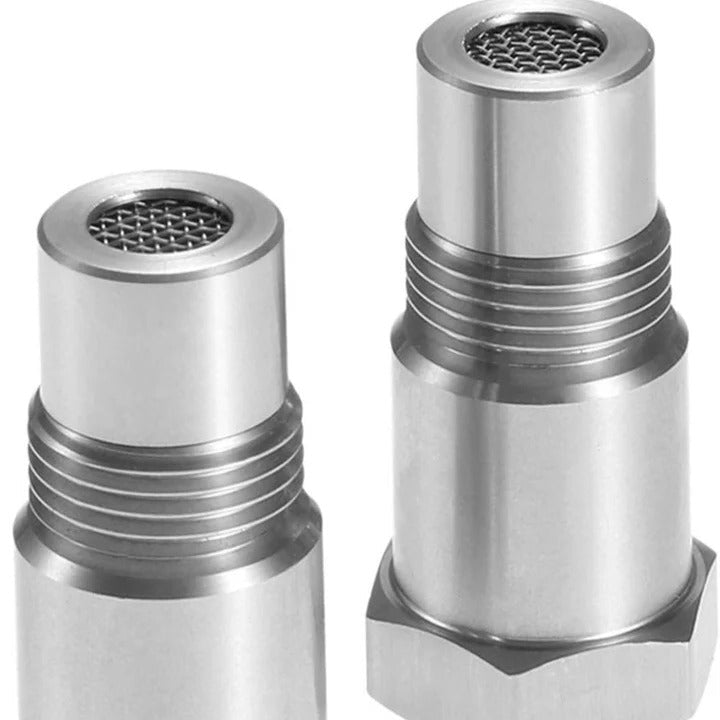 Automotive O2 sensor adapter with internal mini catalytic converter for vehicle repair.