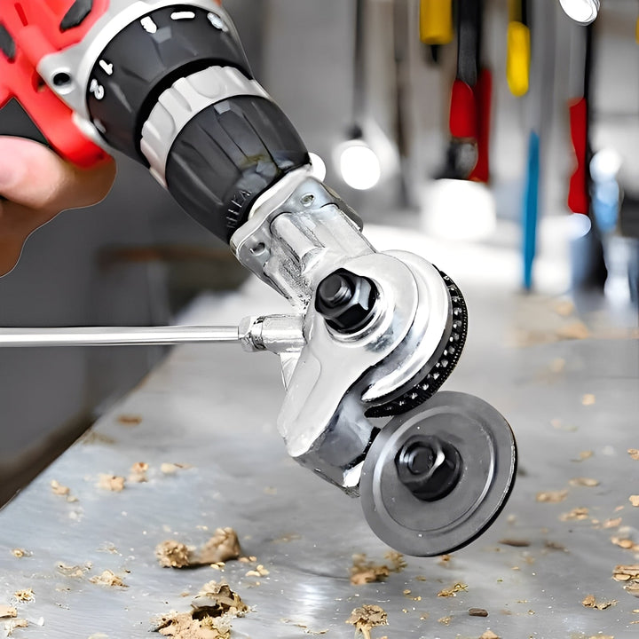 Universal drill-powered metal shear for efficient sheet metal cutting, a versatile power tool accessory.