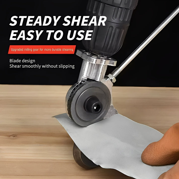Precision drill attachment metal shear for DIY metalwork, easily cuts sheet metal, steel, & aluminum.
