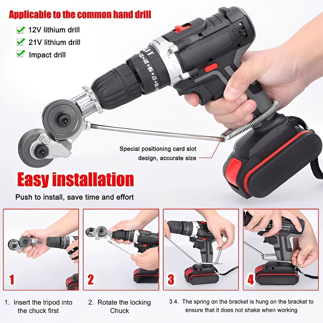 Innovative drill-powered metal shear converts your drill into a sheet metal cutter for various materials.