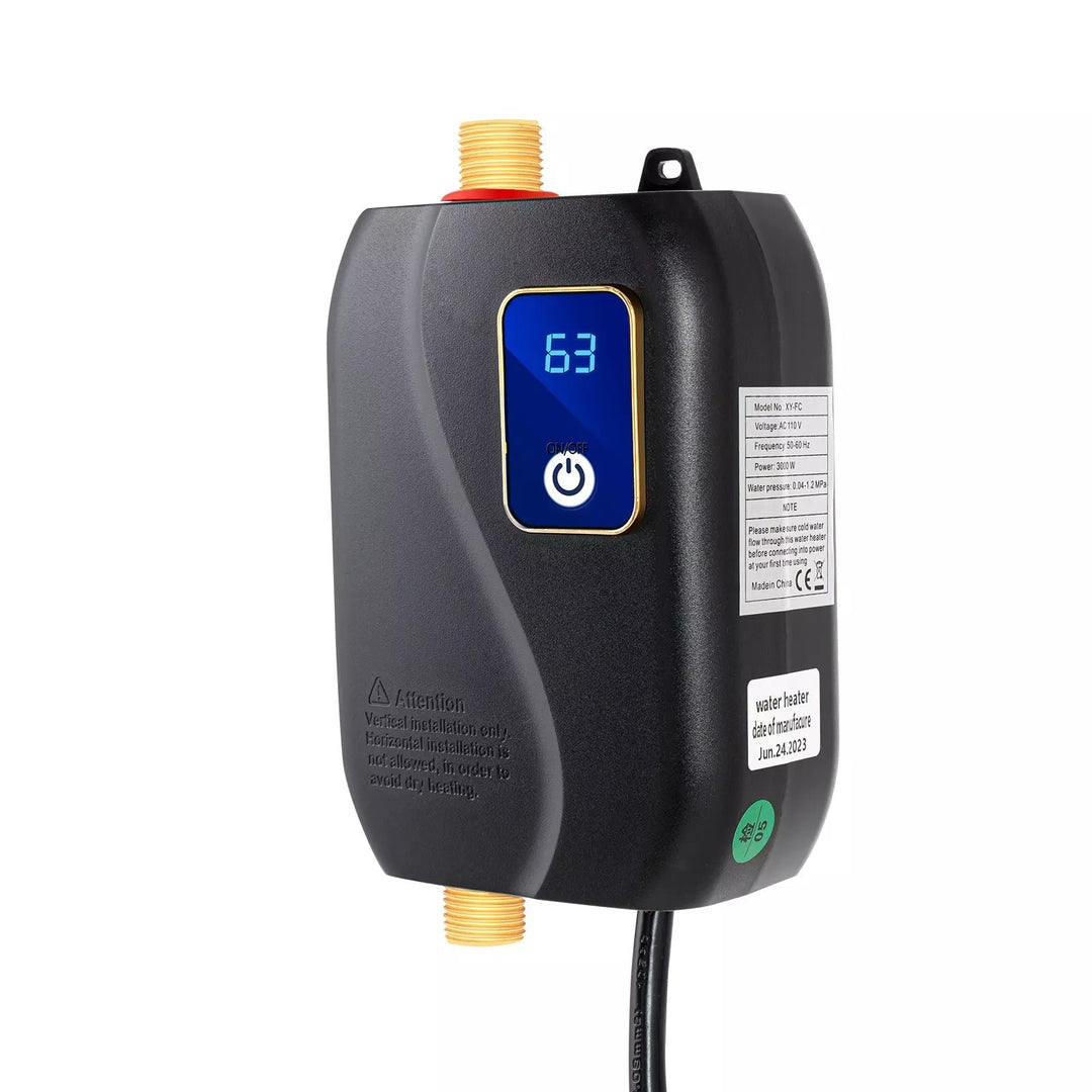 Universal electric tankless water heater for instant hot water, energy efficient, compact design for home & RV.