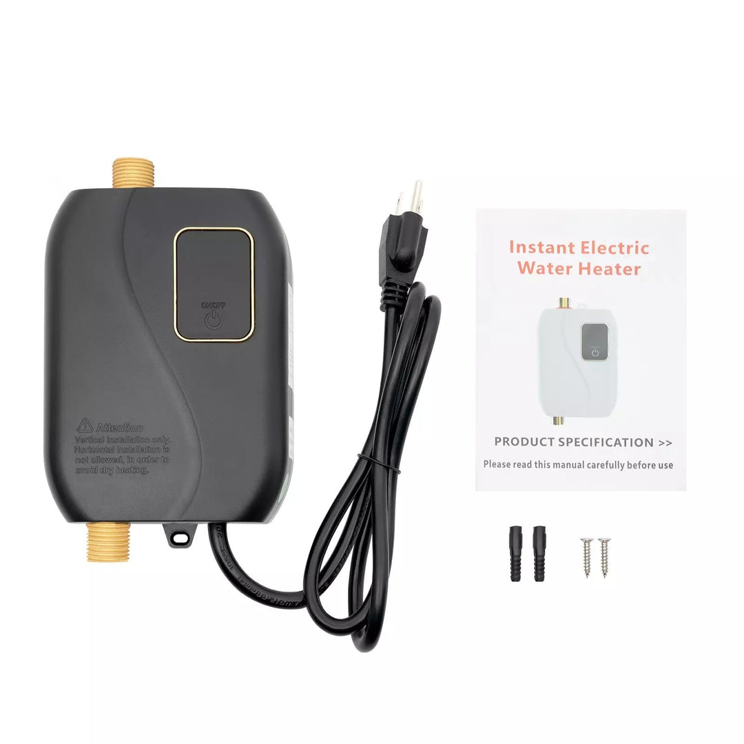 Compact tankless water heater installed in a modern bathroom, providing instant, endless hot water for home improvement.