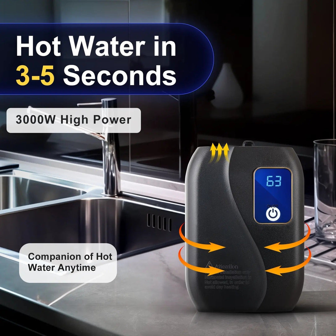 Sleek, compact electric tankless water heater, ideal for small spaces, RVs, kitchens, & bathrooms.