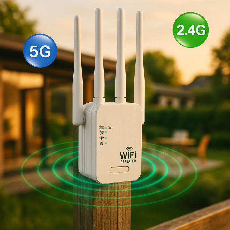 Universal Outdoor WiFi Range Extender for strong home & garden network. Eliminates dead zones.