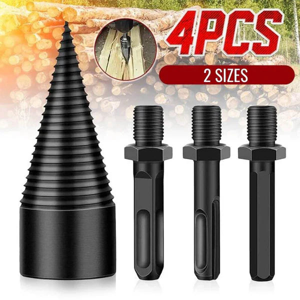 "Universal Shank Firewood Drill Bit in use on wood log, showcasing non-slip design for easy and efficient wood splitting."
