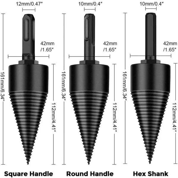 "Universal Shank Firewood Drill Bit in use on wood log, showcasing non-slip design for easy and efficient wood splitting."