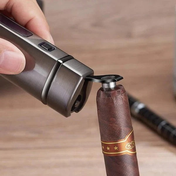 Hand holding a black USB rechargeable electric arc lighter, displaying its flameless plasma arc.