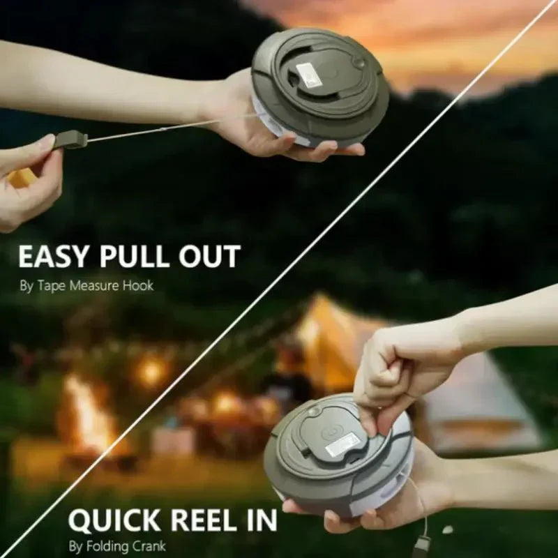 Compact 4-in-1 portable camping light, functions as a lantern, string light, & magnetic outdoor light.