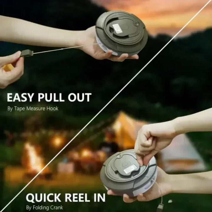 Compact 4-in-1 portable camping light, functions as a lantern, string light, & magnetic outdoor light.