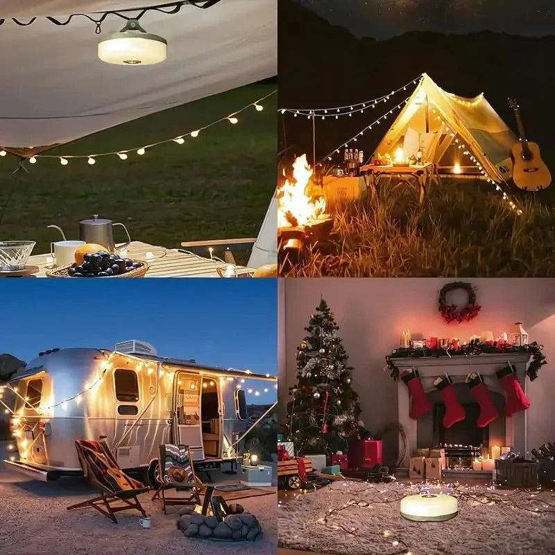 Multi-functional collapsible camping lantern: portable, magnetic, waterproof, & string light for outdoor use.