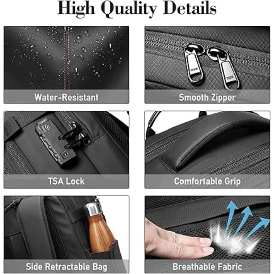 Versatile compression travel backpack in dark gray, designed for men and women; ideal for travel and daily commuting.