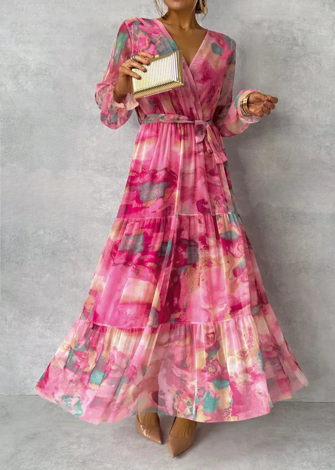 Vibrant floral wrap maxi dress for women, elegant and flowy, perfect for summer occasions and parties.