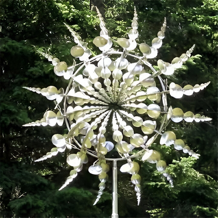 Elegant kinetic metal wind spinner, a mesmerizing wind catcher for gardens & patios. Unique outdoor sculpture.