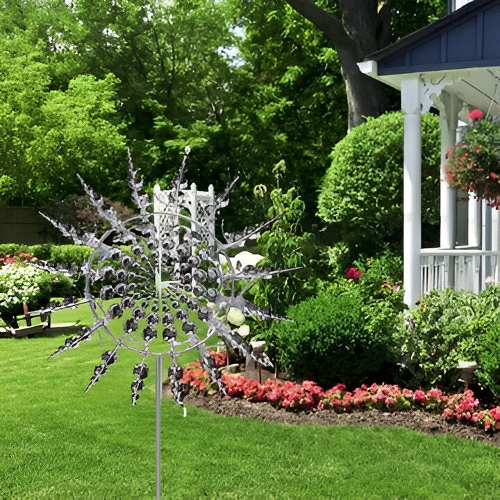 Outdoor kinetic metal garden spinner, a stunning piece of metal art for yards & outdoor living areas.