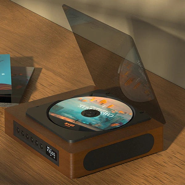 Vintage Bluetooth CD player with stained wood finish, compact, retro design, FM tuner, ideal for streaming and radio.
