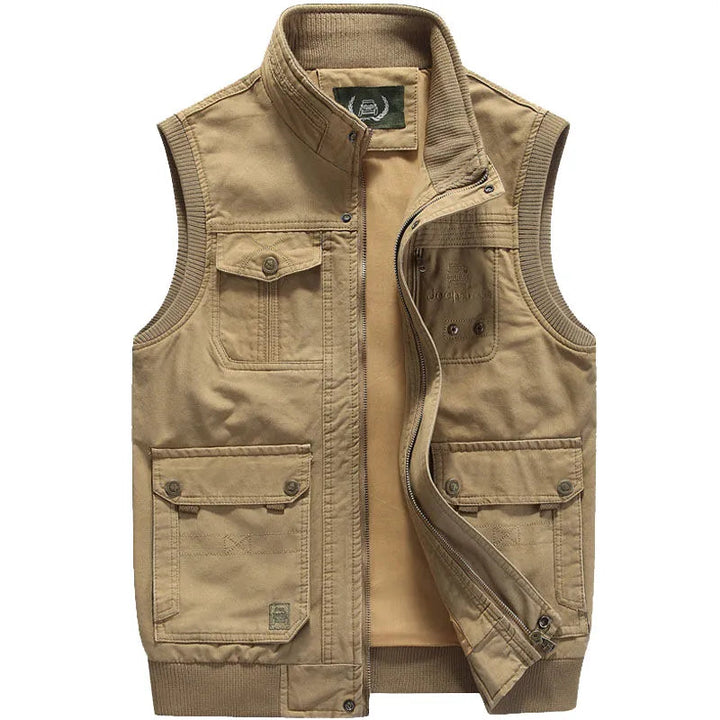 Rugged men's vintage outdoor vest, perfect explorer gear with many pockets for hiking and travel.