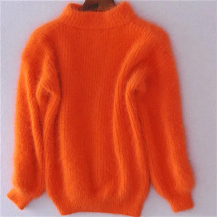 Model wearing a women's warm high-neck knit sweater, demonstrating its flattering fit and casual chic style.
