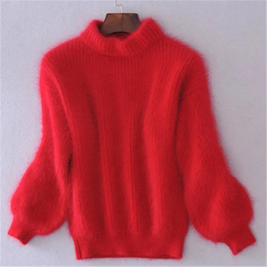 Full view of a high neck knit sweater for women, emphasizing its warm design and versatile winter fashion appeal.