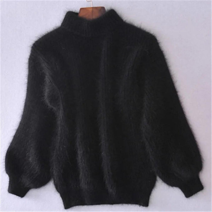 Stylish women's high neck knit sweater, a comfortable and elegant top for cold weather, perfect for cozy wear.