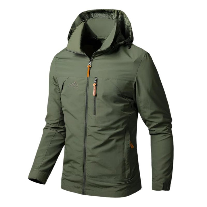 Men's lightweight travel jacket. Waterproof & windproof, excellent for multi-season outdoor trips & gear.