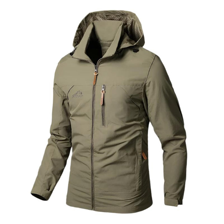 Durable men's all-weather jacket. Waterproof, windproof, and breathable, perfect for outdoor enthusiasts.
