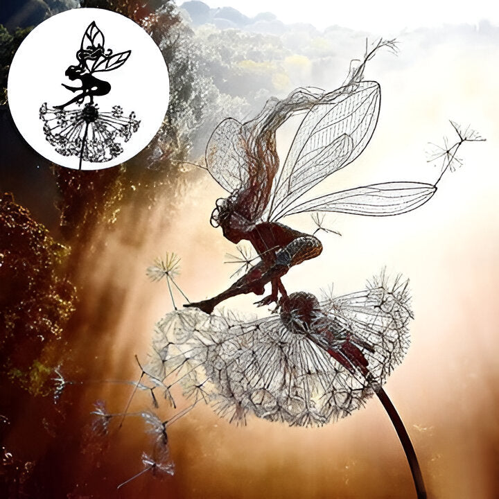 Whimsical steel fairy garden sculpture, laser-cut metal art for outdoor decor, weather-resistant lawn ornament.