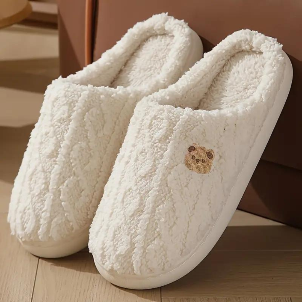 White Claire women's plush indoor slip-on slippers — soft house shoes for spring loungewear, cosy comfortable footwear