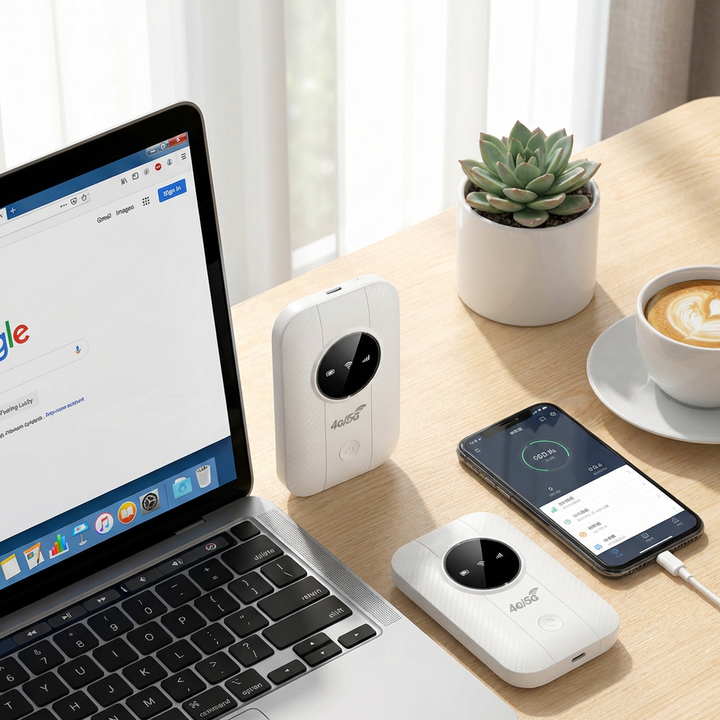 White portable wireless WiFi router, mobile hotspot for instant on-the-go internet & travel connectivity.