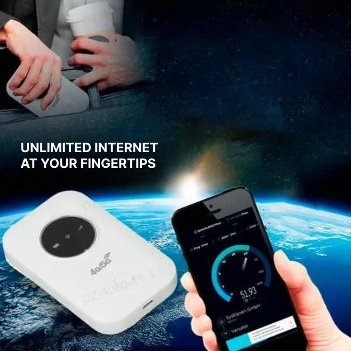 Compact white 2.4GHz portable WiFi router, ideal for travel internet & remote connectivity without subscription.