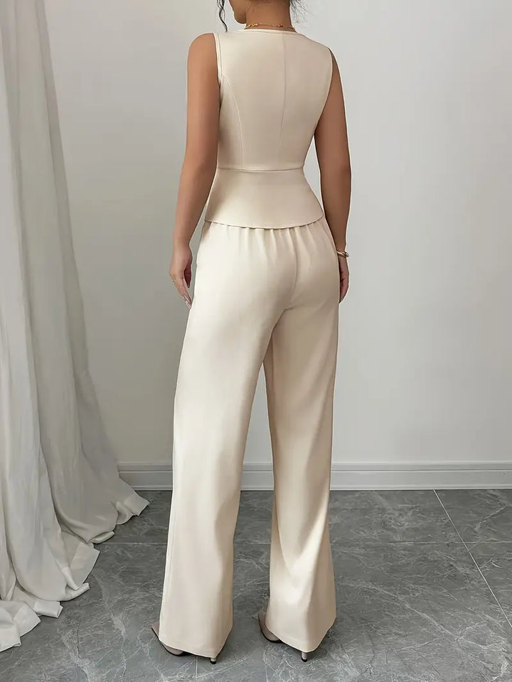 Fashionable white sleeveless and wide-leg co-ord set for women, great for casual wear, spring fashion or summer activities.