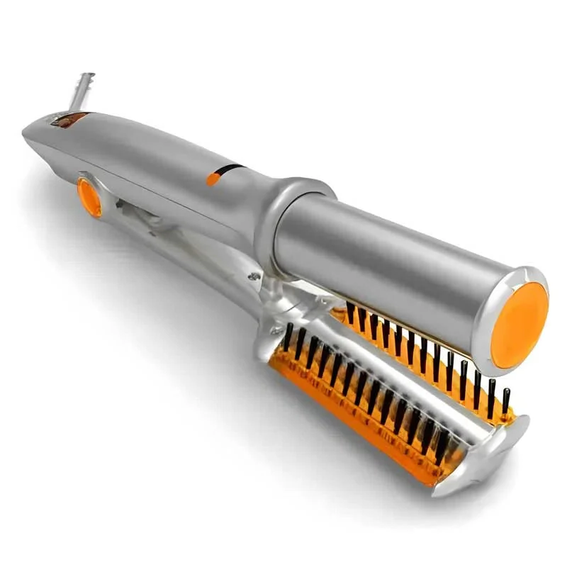 Women's 2-in-1 rotating hair styling brush & iron for salon-quality straightening & curling.